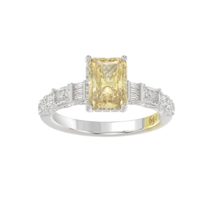 14K WHITE GOLD CRAFTED WITH 18K YELLOW GOLD SHANK 2 3/4CT ROUND/BAGUETTE/EMERALD DIAMOND LADIES BRIDAL RING (CENTER STONE RADIANT YELLOW DIAMOND 2.00C