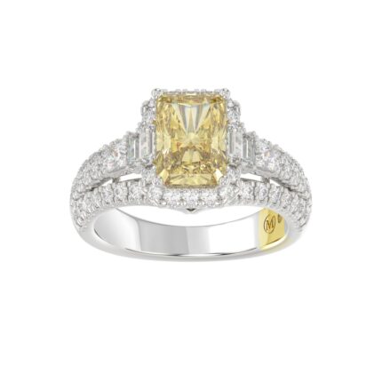 14K WHITE GOLD CRAFTED WITH 18K YELLOW GOLD SHANK 3.00CT ROUND/BAGUETTE/YELLOW RADIANT DIAMOND LADIES RING (CENTER STONE RADIANT YELLOW DIAMOND 2.00CT