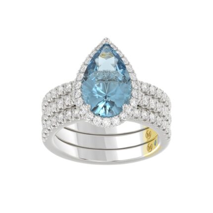 14K WHITE GOLD CRAFTED WITH 18K YELLOW GOLD SHANK 4.00CT ROUND/PEAR DIAMOND LADIES BRIDAL SET (CENTER STONE PEAR BLUE DIAMOND 3.00CT)