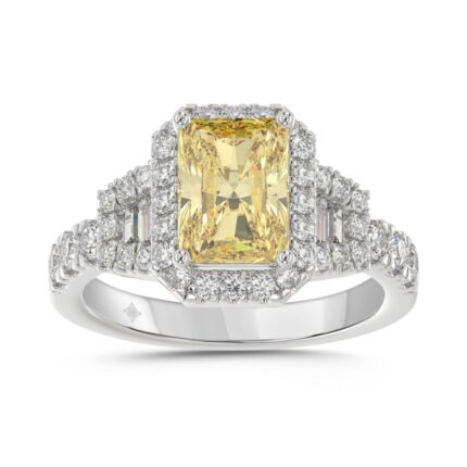 14K WHITE GOLD 2 3/4CT ROUND/BAGUETTE/YELLOW RADIANT DIAMOND LADIES RING (CENTER STONE YELLOW RADIANT DIAMOND 2CT)
