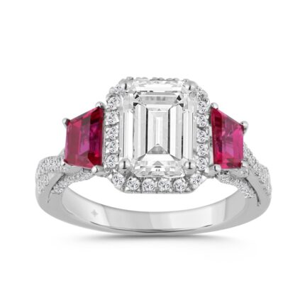 14K WHITE GOLD 3.00CT ROUND/EMERALD/RUBY TRAPEZOID DIAMOND LADIES RING (CENTER STONE EMERALD DIAMOND 2 1/2CT)