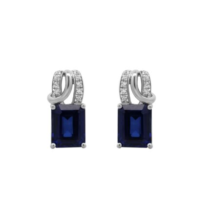 14K WHITE GOLD 1/10CT ROUND/BLUE EMERALD DIAMOND LADIES EARRINGS