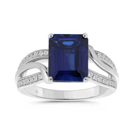 14K WHITE GOLD 1/5CT ROUND/BLUE EMERALD DIAMOND LADIES RINGS