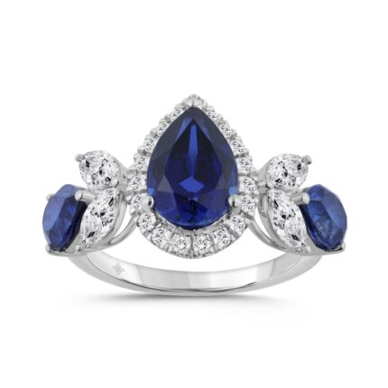 14K WHITE GOLD 1 1/4CT ROUND/MARQUISE/BLUE SAPPHIRE PEAR DIAMOND LADIES RING