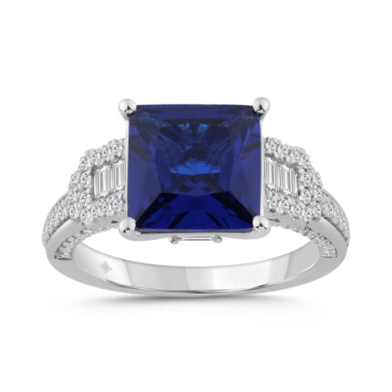 14K WHITE GOLD 1/2CT ROUND/EMERALD/BLUE SAPPHIRE BAGUETTE DIAMOND LADIES RING