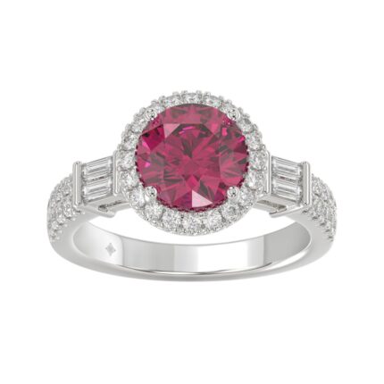 14K WHITE GOLD 2 1/2CT ROUND/BAGUETTE DIAMOND LADIES RING (CENTER STONE ROUND RUBY DIAMOND 2CT)