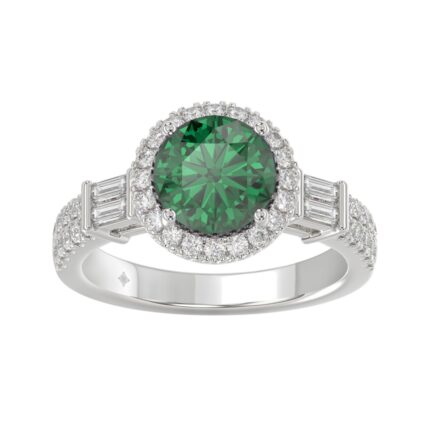 14K WHITE GOLD 2 1/2CT ROUND/BAGUETTE DIAMOND LADIES RING (CENTER STONE GREEN EMERALD ROUND DIAMOND 2CT)