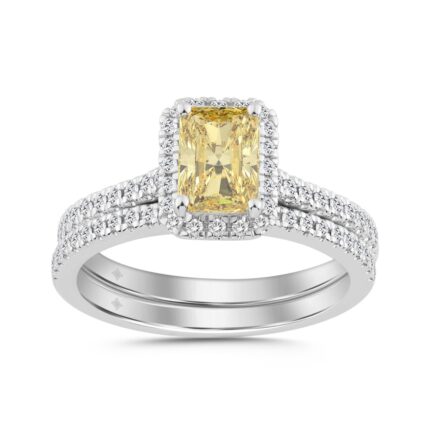 14L WHITE GOLD 1 1/2CT YELLOW RADIANT/ROUND DIAMOND LADIES BRIDAL SET (CENTER STONE YELLOW RADIANT DIAMOND 1CT)