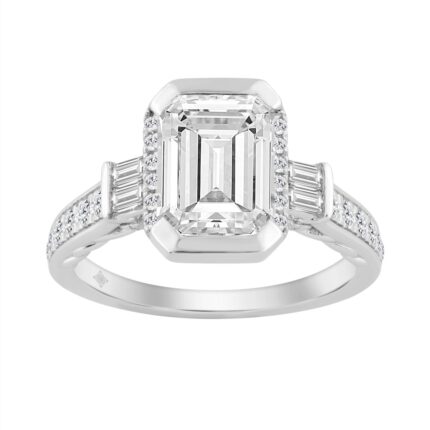14K WHITE GOLD 3 1/2CT ROUND/EMERALD/BAGUETTE DIAMOND LADIES RING (CENTER STONE EMERALD DIAMOND 3.00CT)