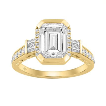 14K YELLOW GOLD 3 1/2CT ROUND/BAGUETTE/EMERALD DIAMOND LADIES RING (CENTER STONE EMERALD DIAMOND 3CT)