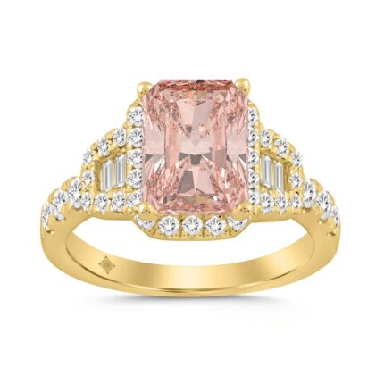 14K YELLOW GOLD 2 3/4CT ROUND/BAGUETTE/RADIANT DIAMOND LADIES RING (CENTER STONE PINK RADIANT DIAMOND 2CT)