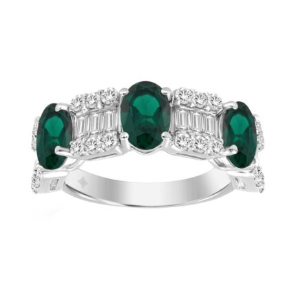 14K WHITE GOLD 3 5/8CT ROUND/BAGUETTE/OVAL DIAMOND LADIES BAND (GREEN EMERALD OVAL 2 1/3CT)
