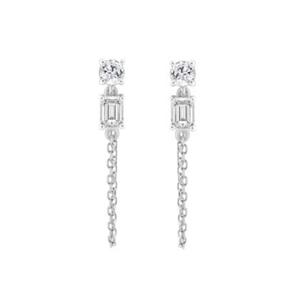 10K White Gold 3/4CT Emerald/Round cut Diamond Elegant Ladies Earring (Color F-G -Clarity VS1/VS2)