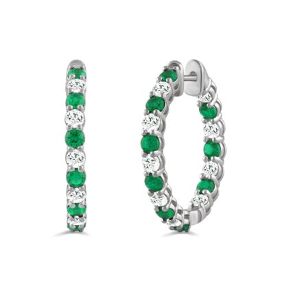 14K WHITE GOLD 3 3/8CT ROUND/ROUND GREEN EMERALD DIAMOND LADIES HOOP EARRINGS