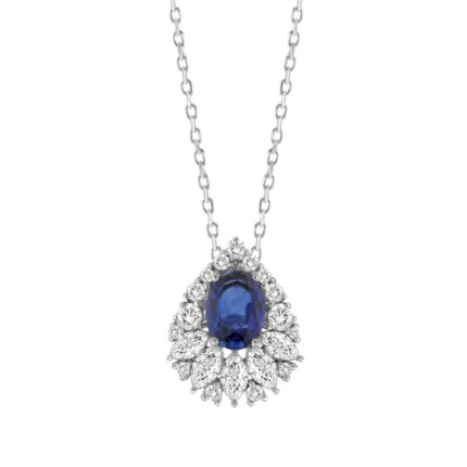 14K WHITE GOLD 2 1/4CT ROUND/MARQUISE/BLUE SAPPHIRE OVAL DIAMOND LADIES PENDANT WITH CHAIN (BLUE SAPPHIRE OVAL DIAMOND 1 1/4CT)