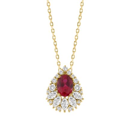 14K YELLOW GOLD 2 1/4CT ROUND/MARQUISE/RUBY OVAL DIAMOND LADIES PENDANT WITH CHAIN (RUBY OVAL DIAMOND 1 1/4CT)